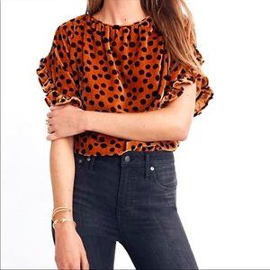 Velvet Memento Ruffle-Sleeve Top in Leopard Dot